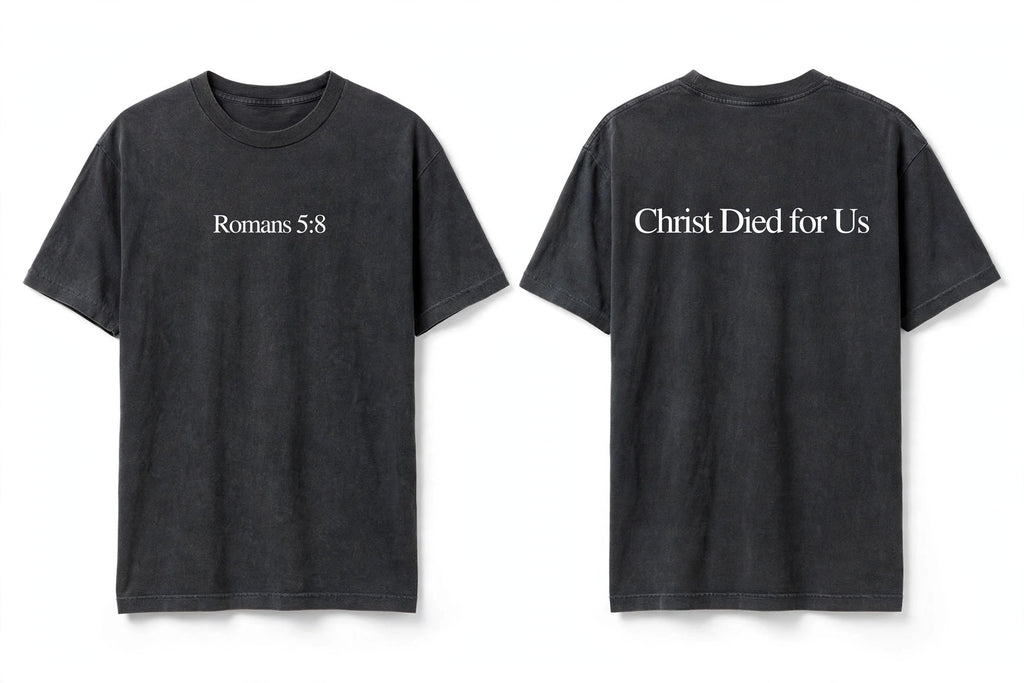 Romans 5:8 black tee mockup