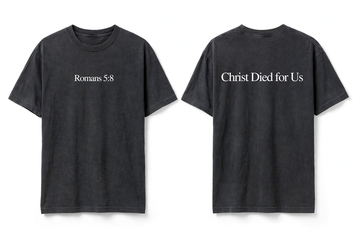 Romans 5:8 black tee mockup