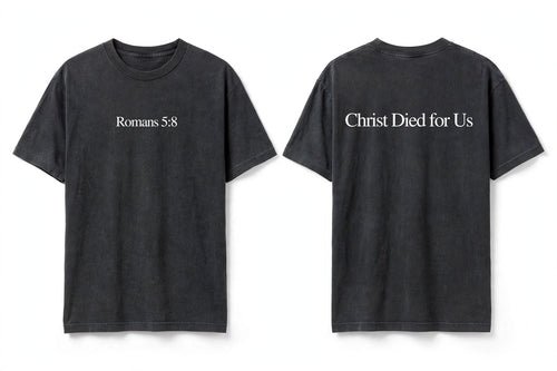 Romans 5:8 black tee mockup