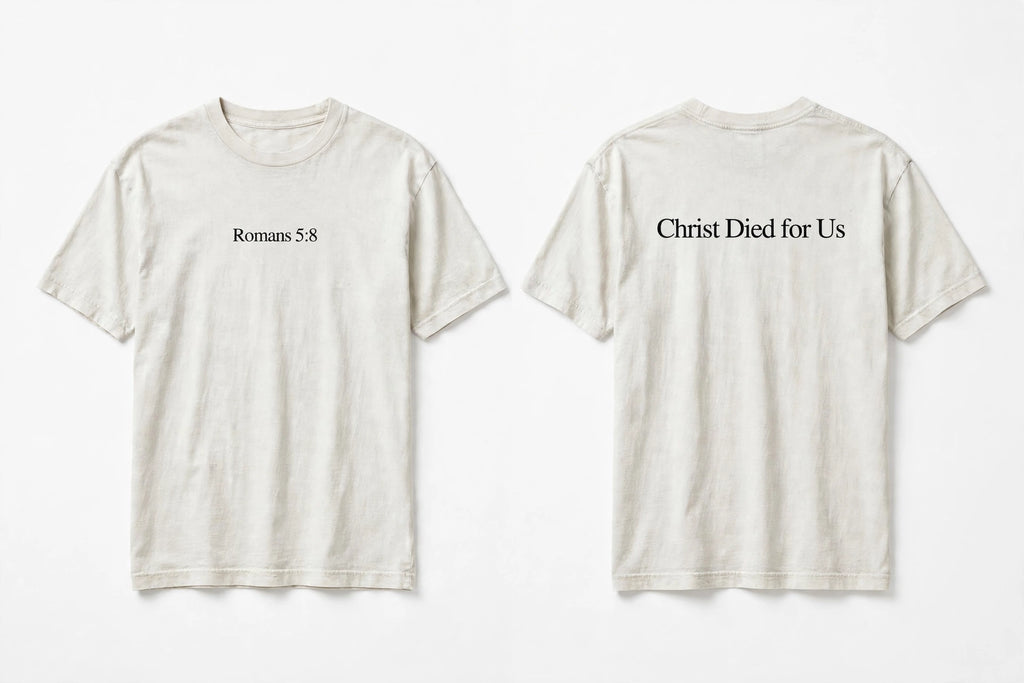 Romans 5:8 white tee mockup