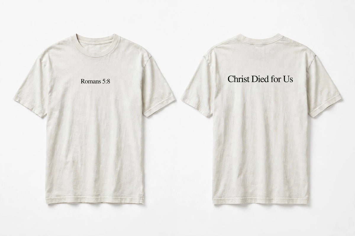 Romans 5:8 white tee mockup
