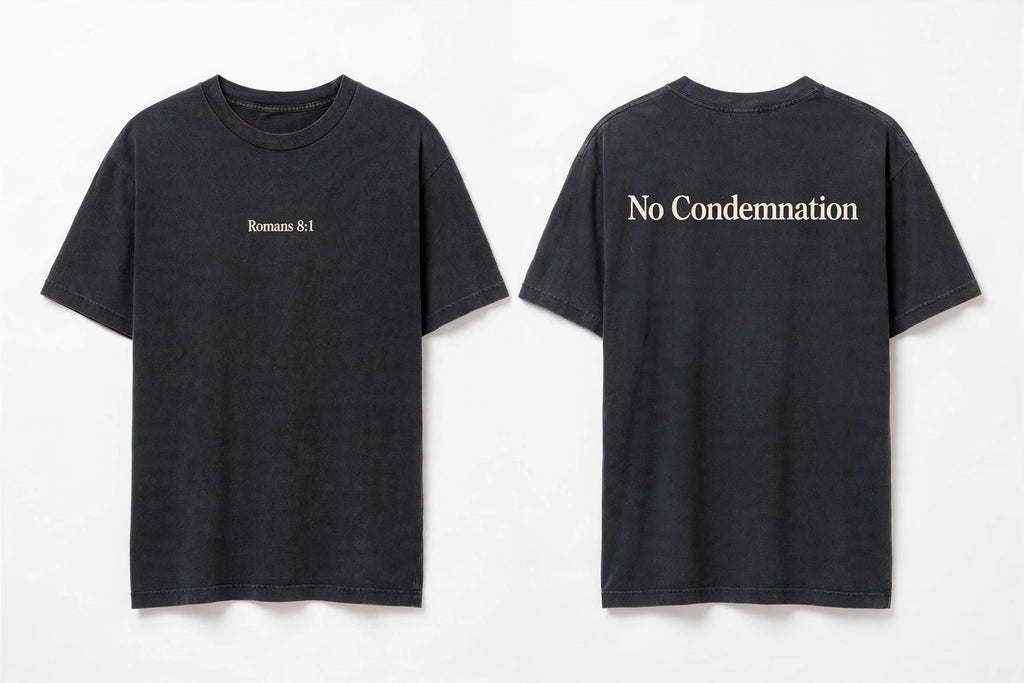Romans 8:1 black tee mockup