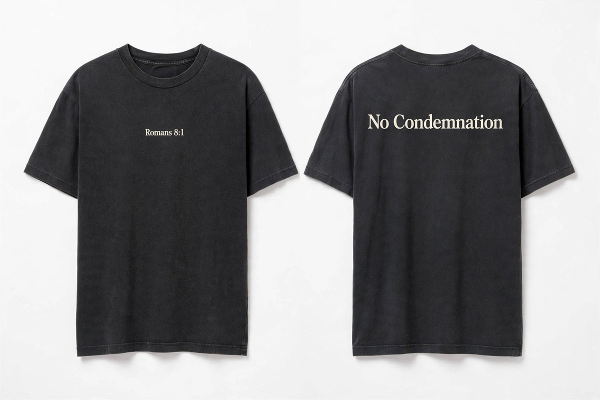Romans 8:1 black tee mockup