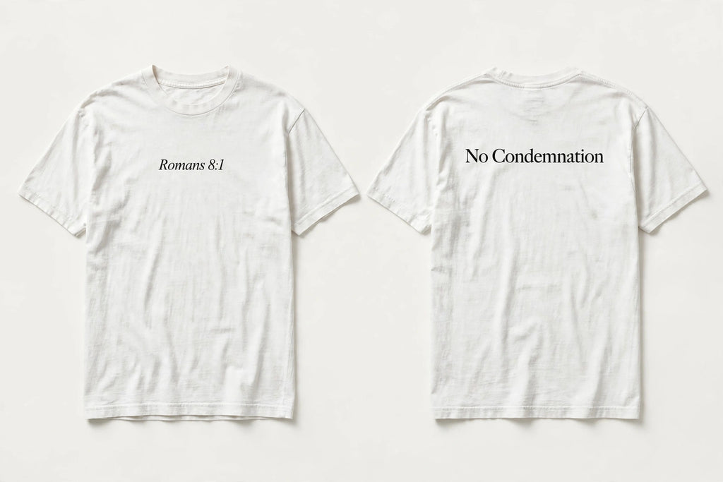 Romans 8:1 white tee mockup