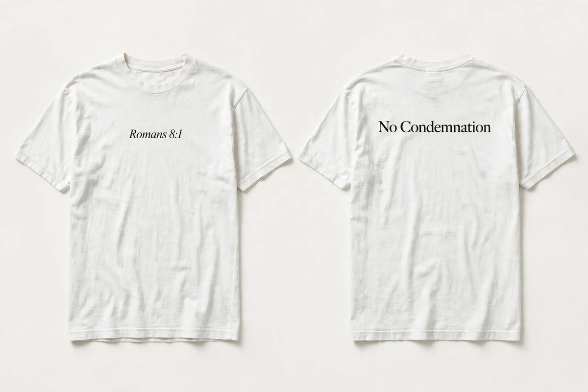 Romans 8:1 white tee mockup