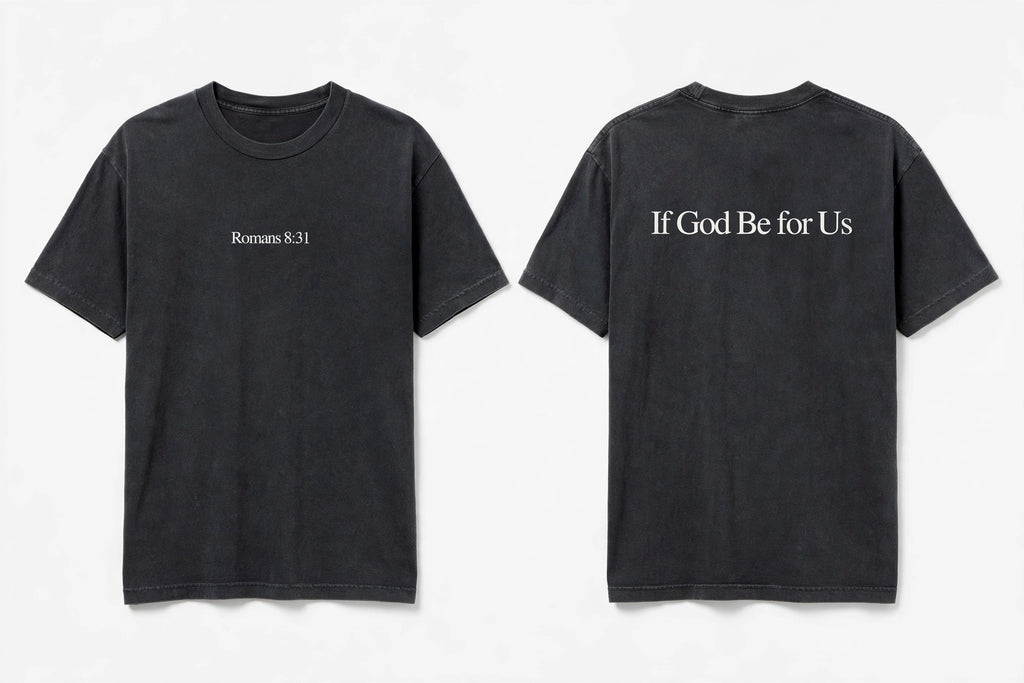 Romans 8:31 black tee mockup