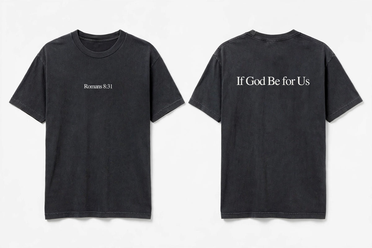 Romans 8:31 black tee mockup