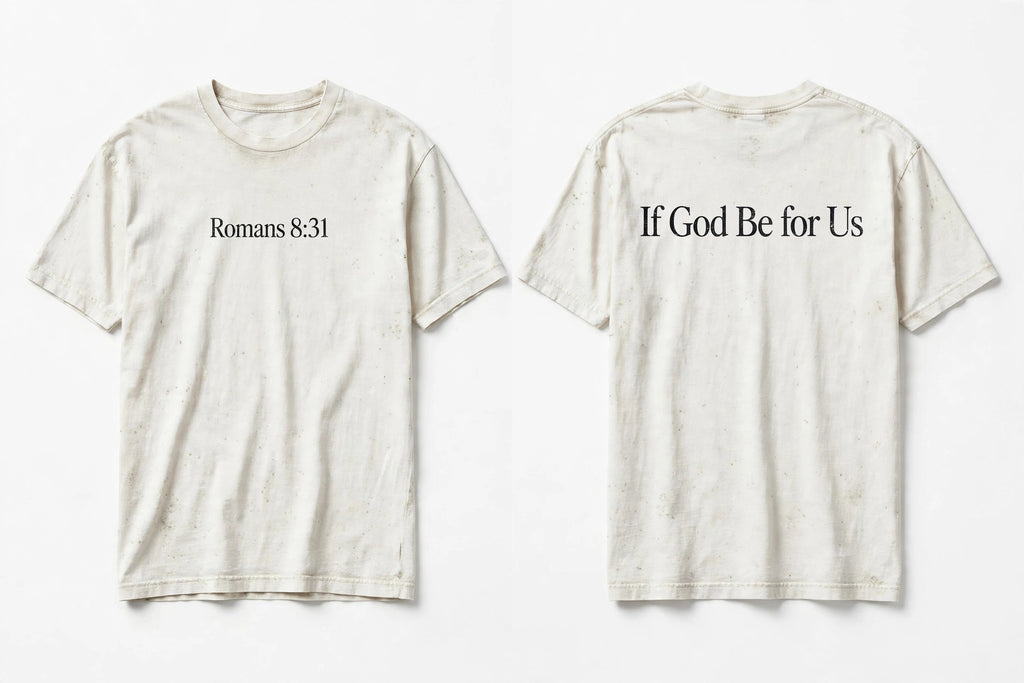 Romans 8:31 white tee mockup