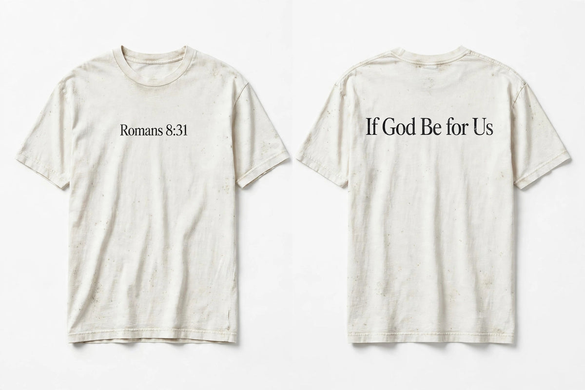 Romans 8:31 white tee mockup