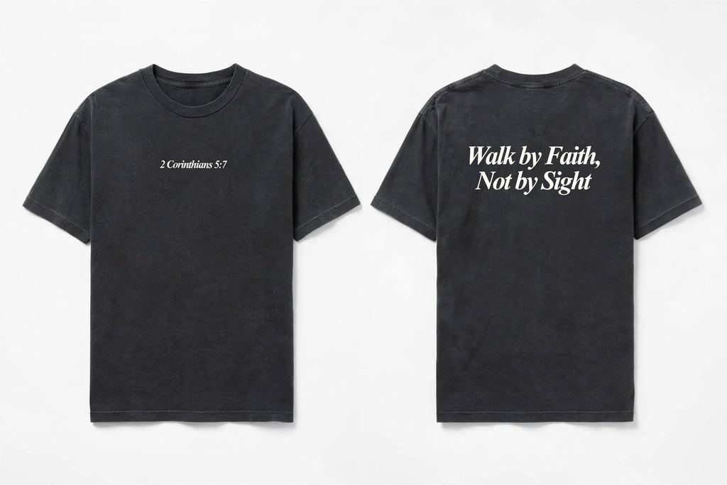 2 Corinthians 5:7 black tee mockup