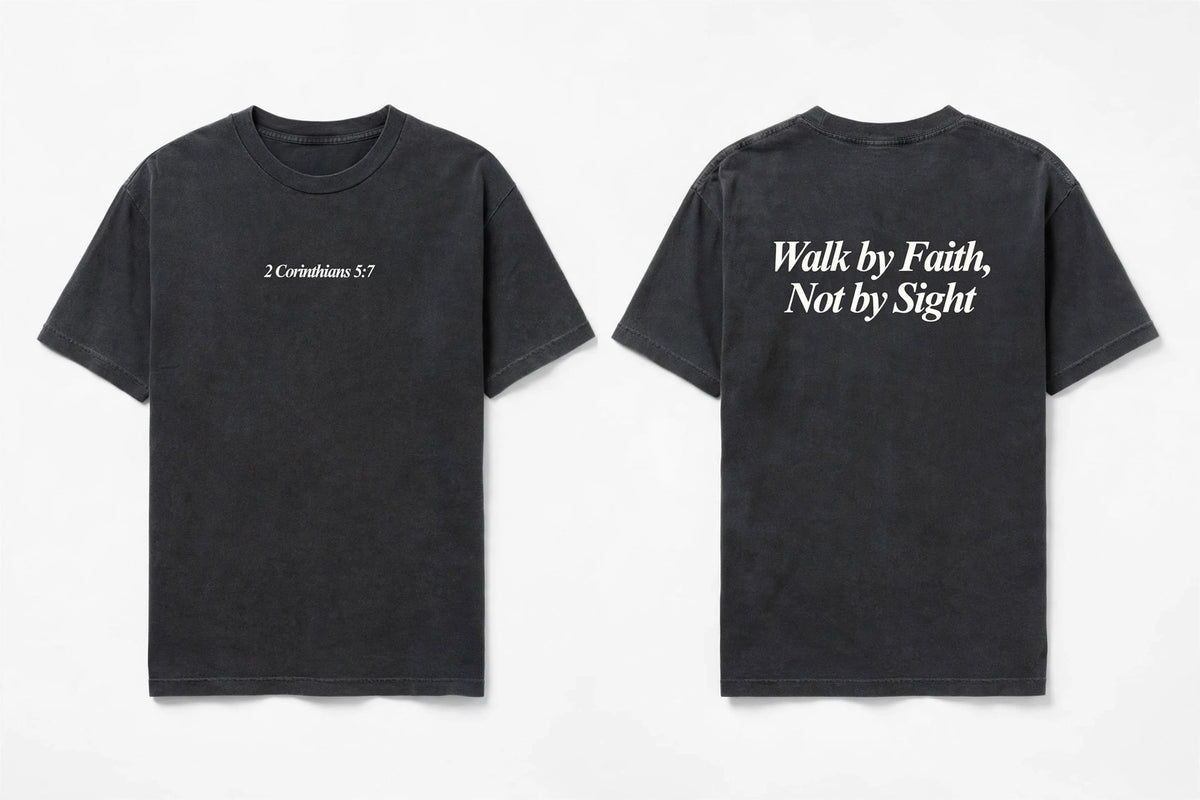 2 Corinthians 5:7 black tee mockup