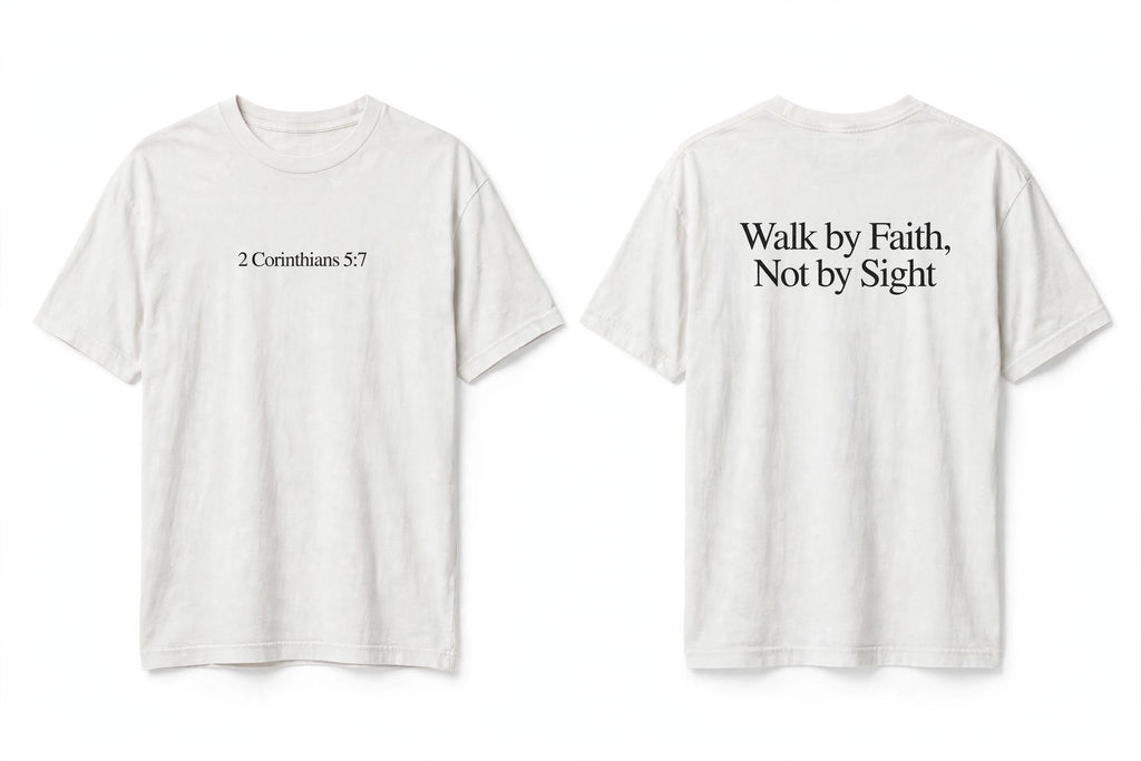 2 Corinthians 5:7 white tee mockup