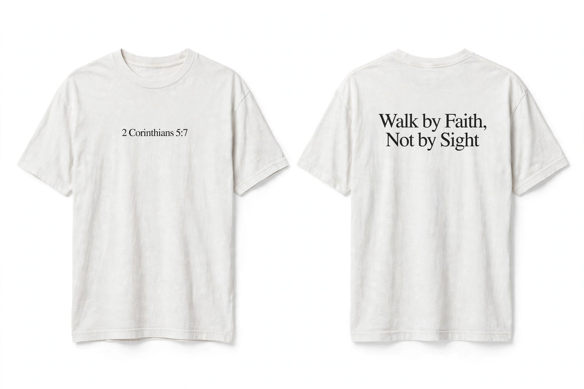 2 Corinthians 5:7 white tee mockup