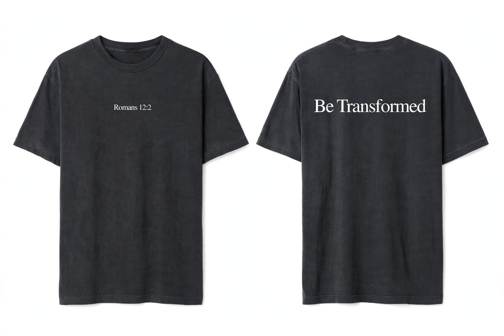 Romans 12:2 black tee mockup