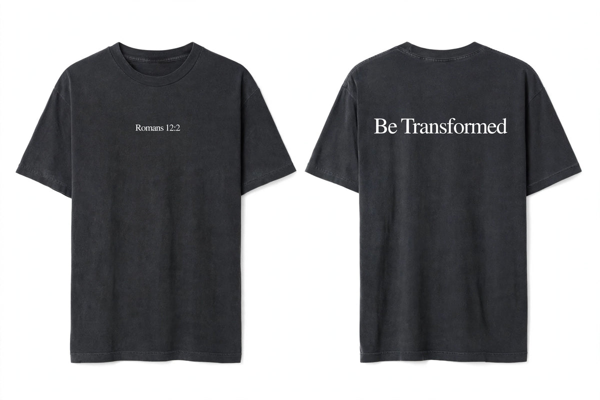 Romans 12:2 black tee mockup