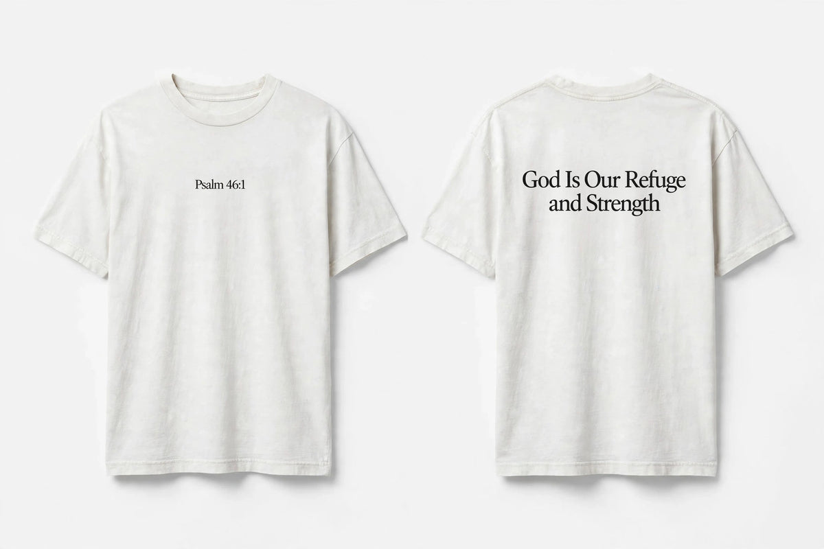 Psalm 46:1 white tee mockup