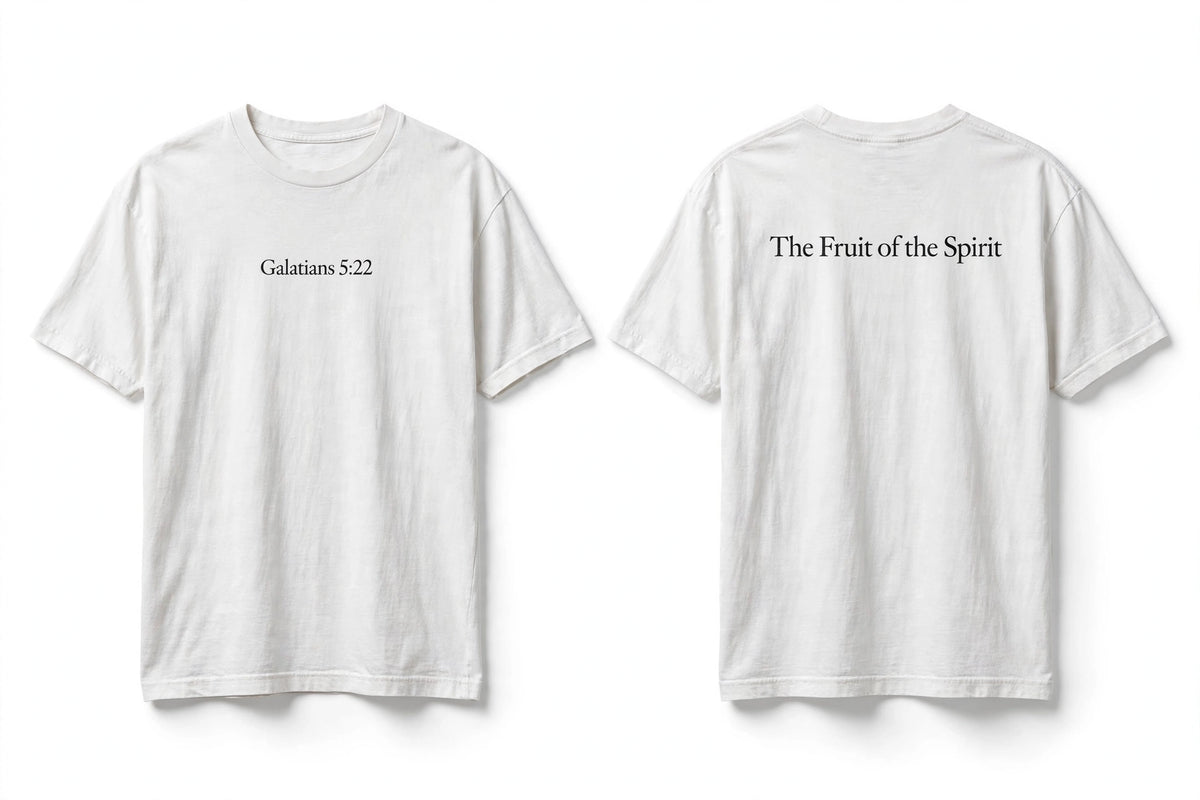 Galatians 5:22 white tee mockup