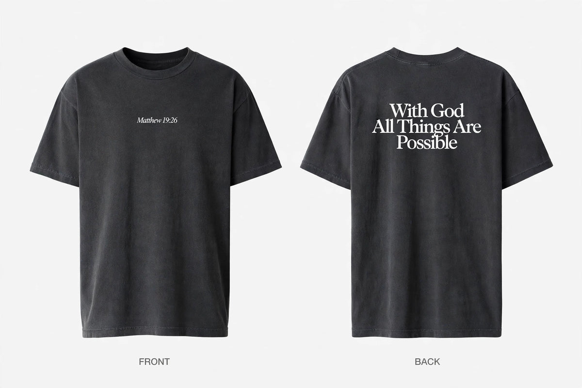 Matthew 19:26 black tee mockup