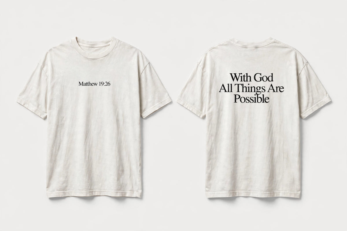 Matthew 19:26 white tee mockup