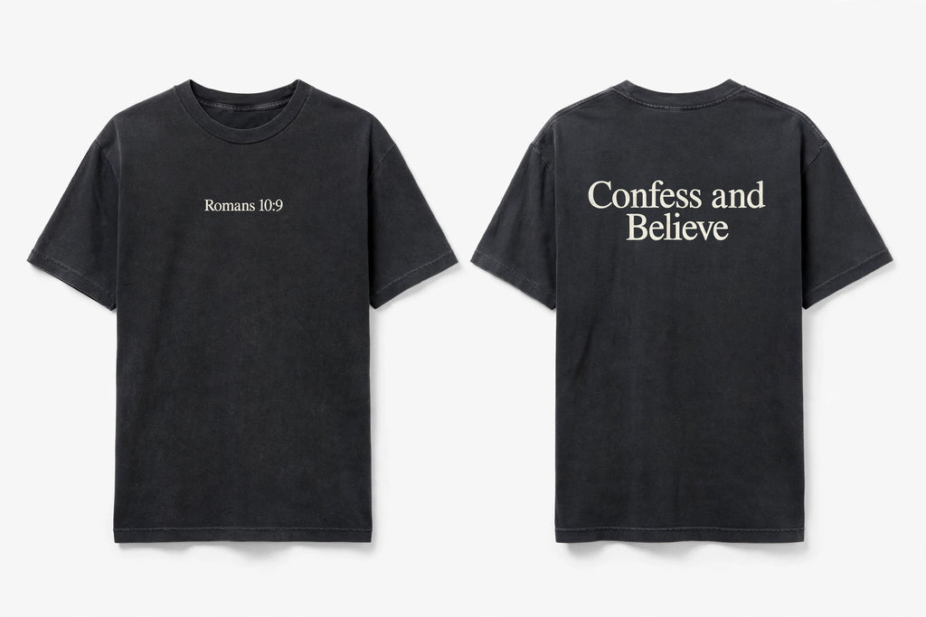 Romans 10:9 black tee mockup