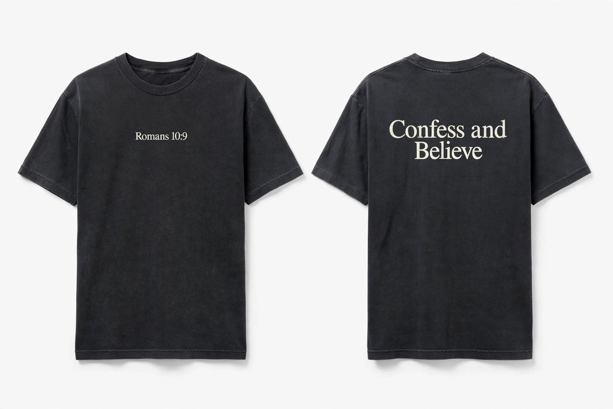 Romans 10:9 black tee mockup