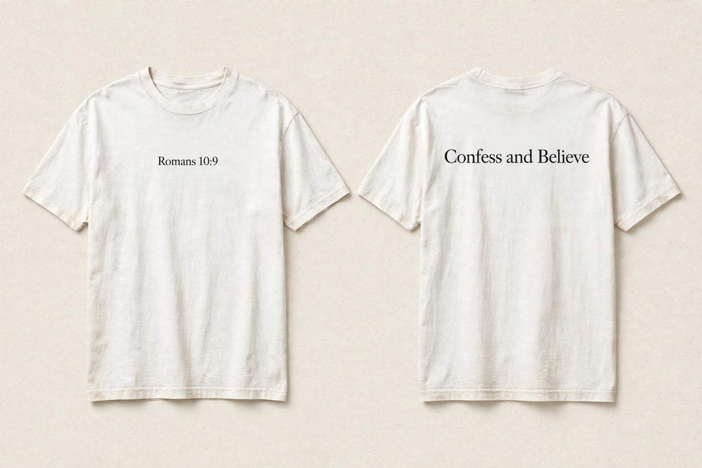 Romans 10:9 white tee mockup