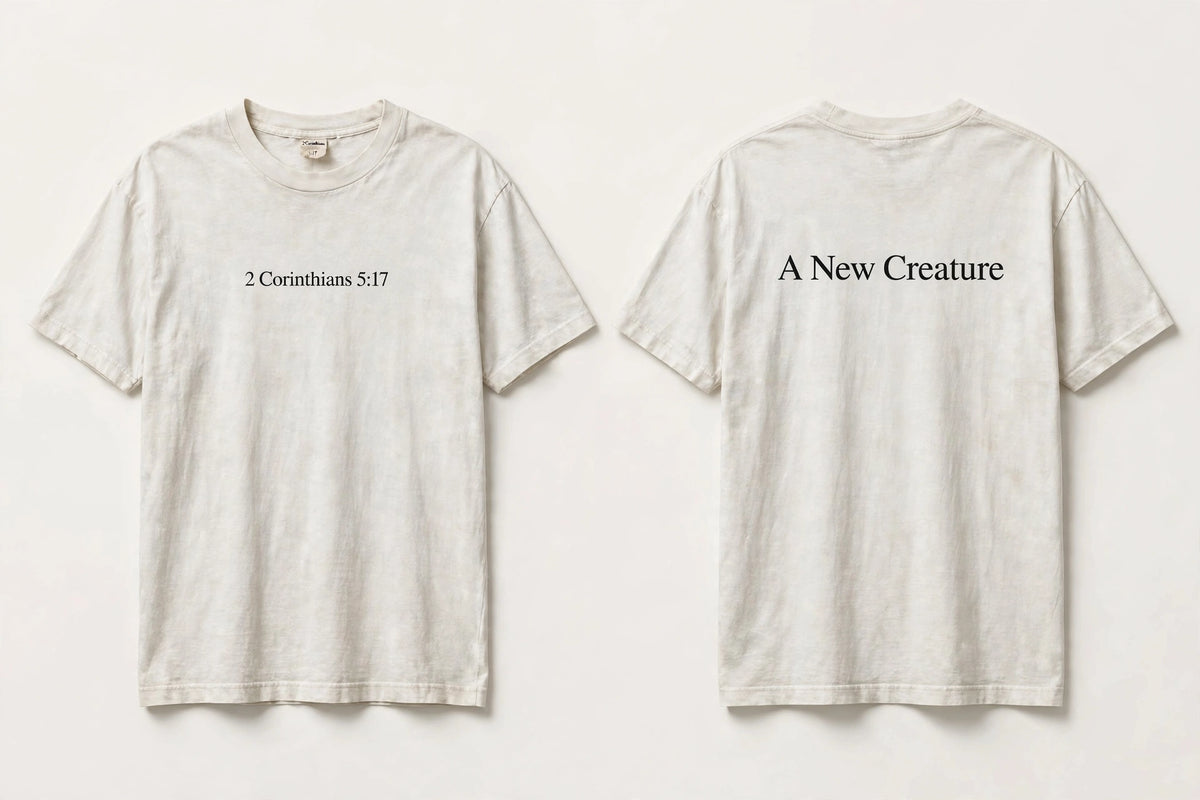 2 Corinthians 5:17 white tee mockup
