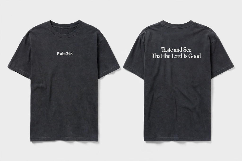 Psalm 34:8 black tee mockup