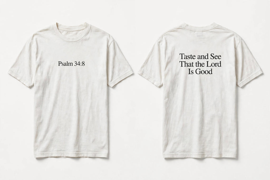 Psalm 34:8 white tee mockup