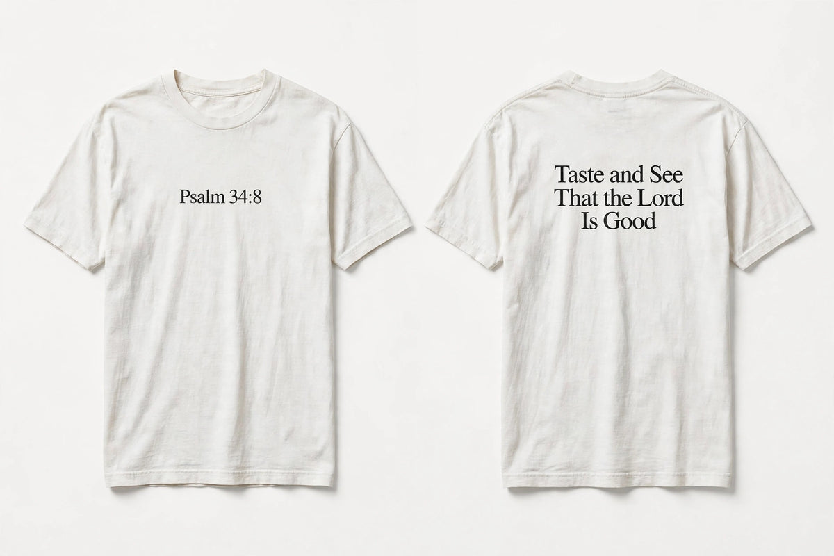 Psalm 34:8 white tee mockup
