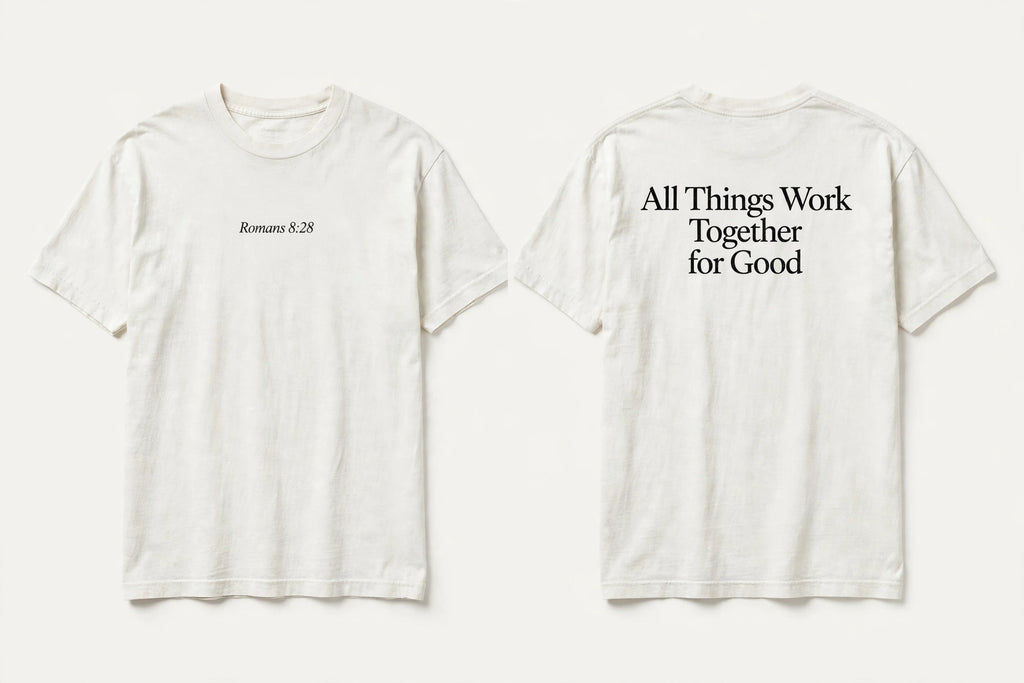 Romans 8:28 white tee mockup