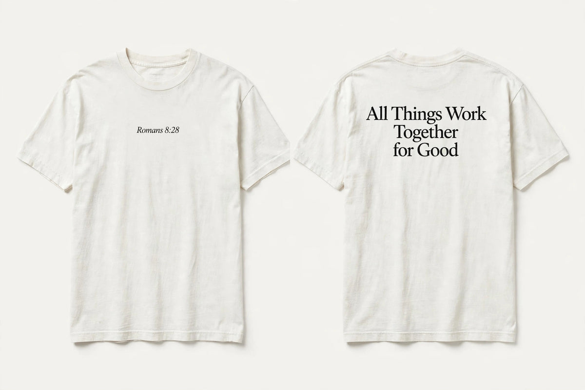 Romans 8:28 white tee mockup
