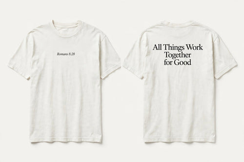 Romans 8:28 white tee mockup