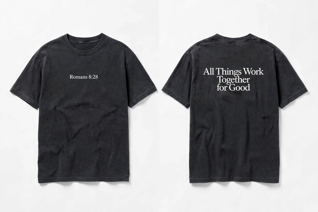 Romans 8:28 black tee mockup