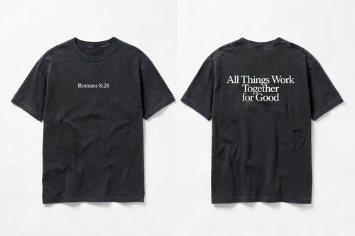 Romans 8:28 black tee mockup