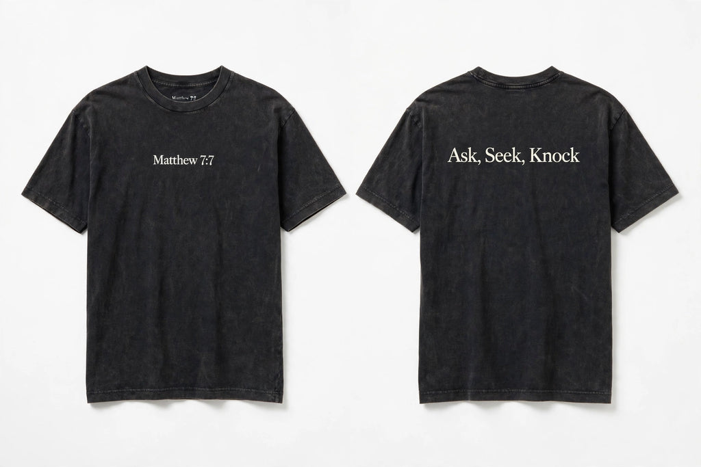 Matthew 7:7 black tee mockup