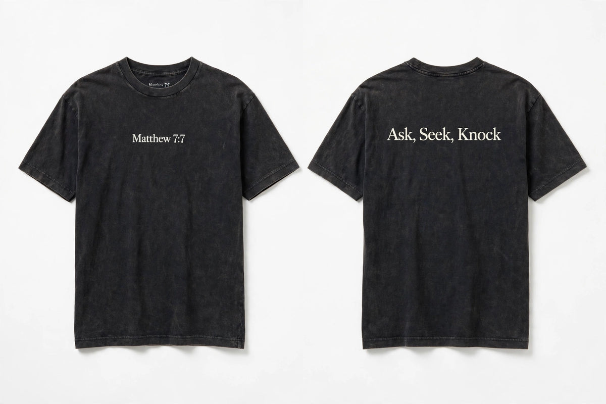 Matthew 7:7 black tee mockup