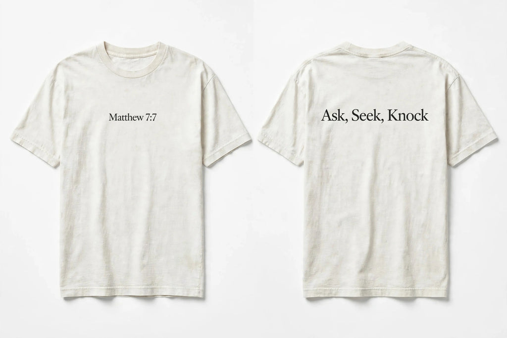 Matthew 7:7 white tee mockup