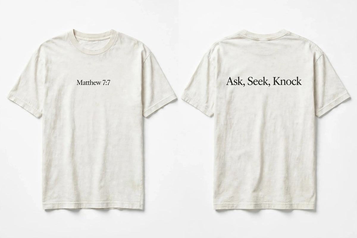 Matthew 7:7 white tee mockup