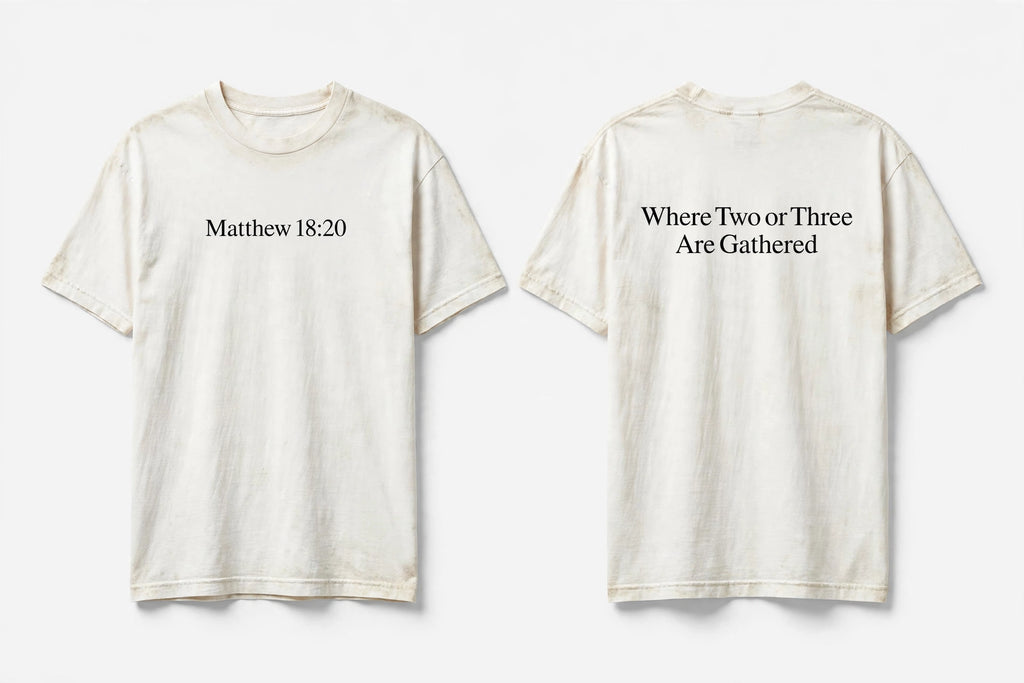 Matthew 18:20 white tee mockup