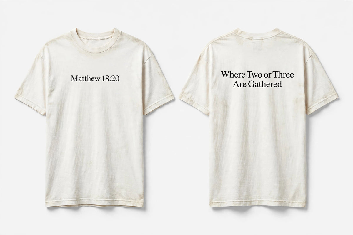 Matthew 18:20 white tee mockup