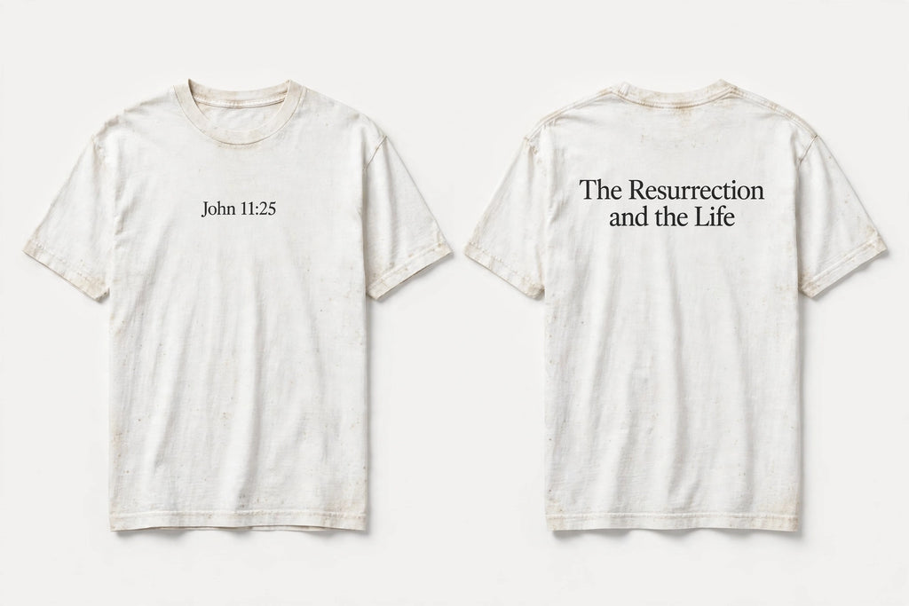 John 11:25 white tee mockup