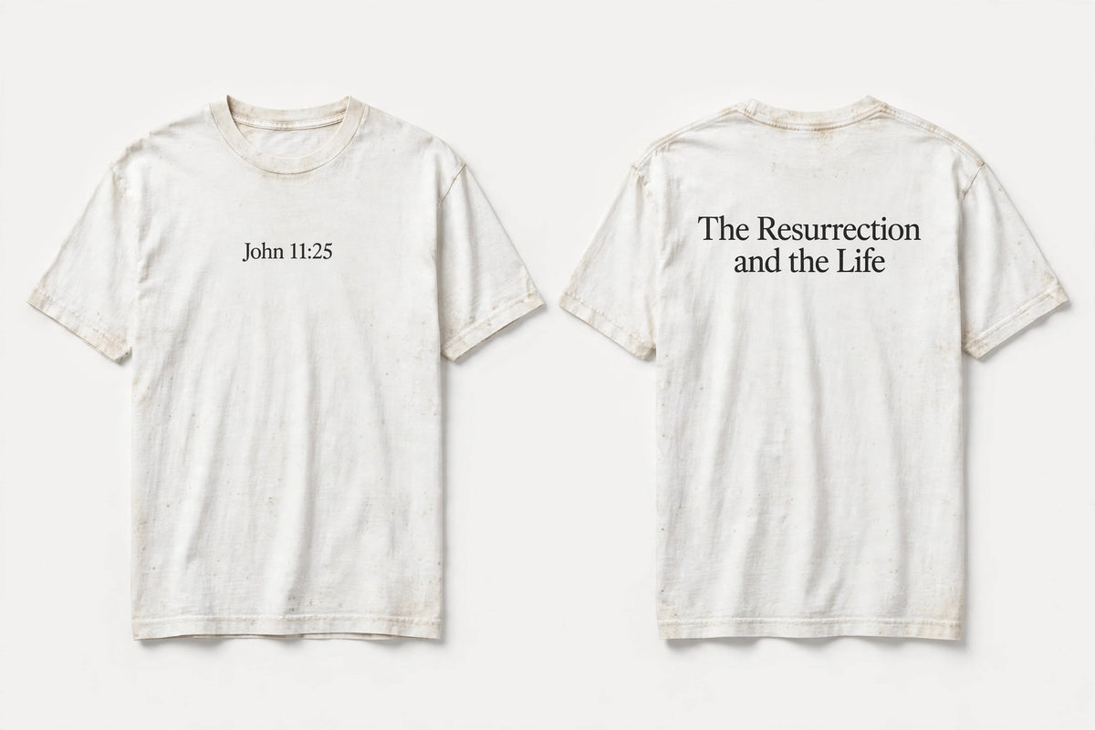 John 11:25 white tee mockup
