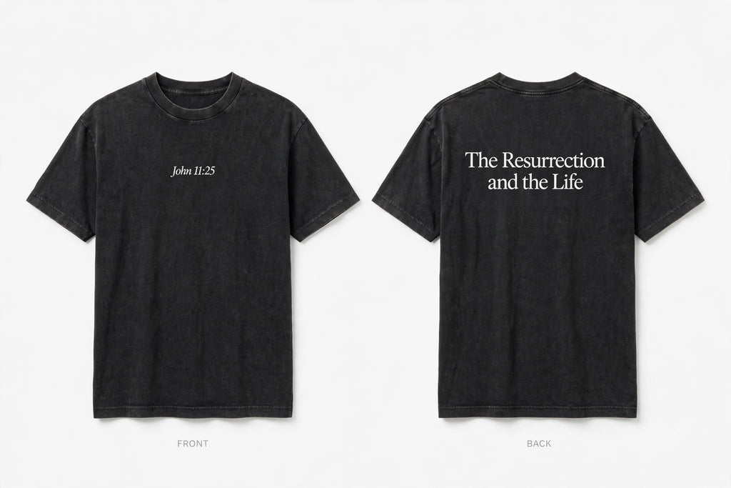 John 11:25 black tee mockup