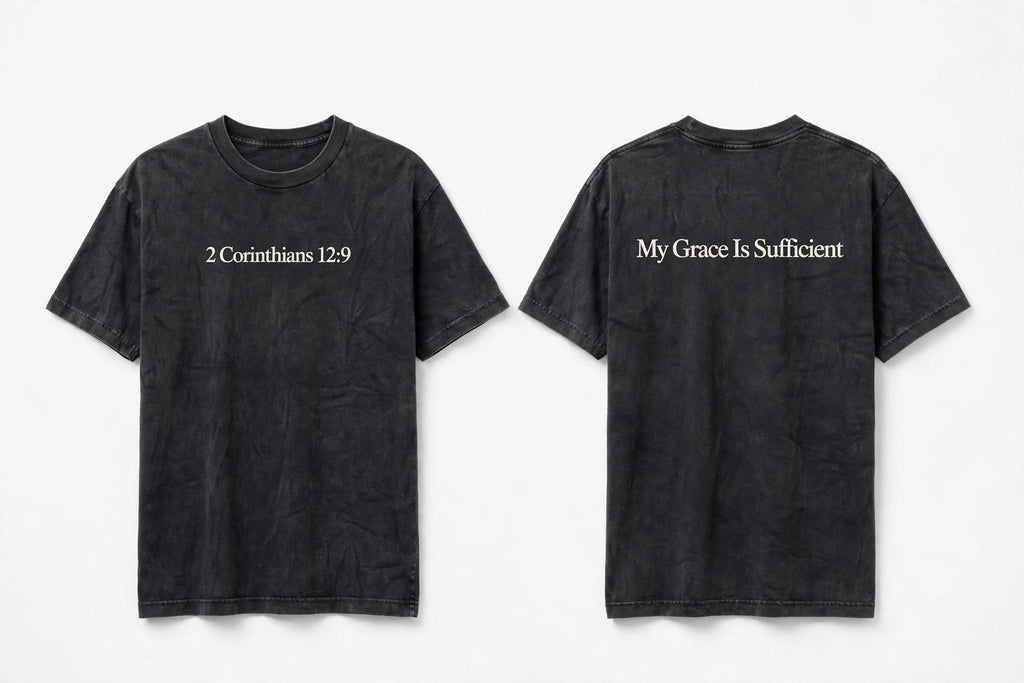2 Corinthians 12:9 black tee mockup