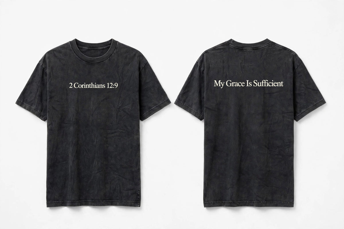 2 Corinthians 12:9 black tee mockup