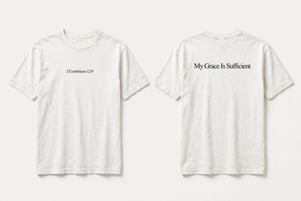 2 Corinthians 12:9 white tee mockup