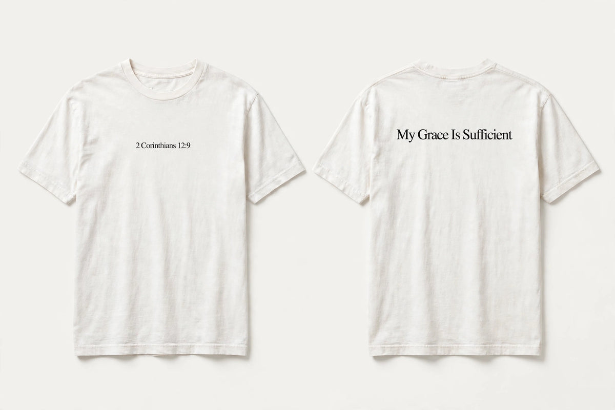 2 Corinthians 12:9 white tee mockup