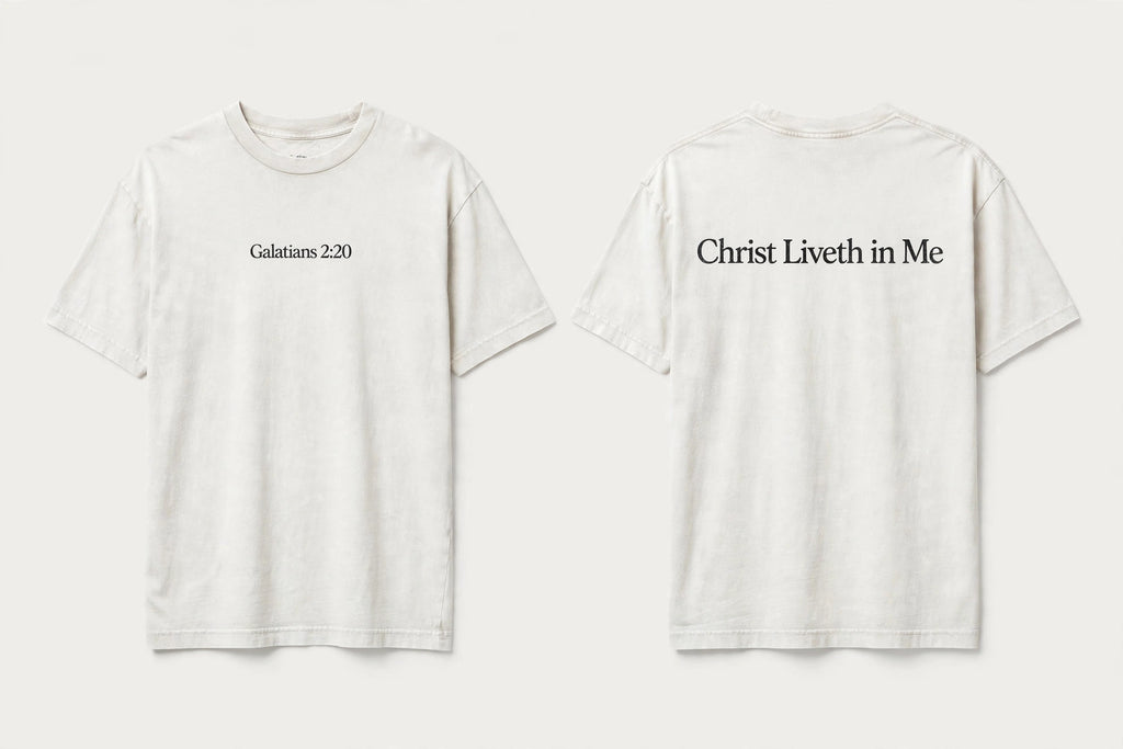 Galatians 2:20 white tee mockup