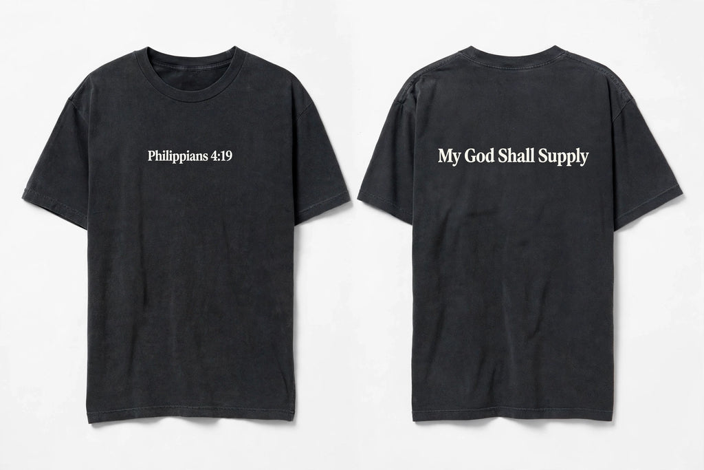Philippians 4:19 black tee mockup
